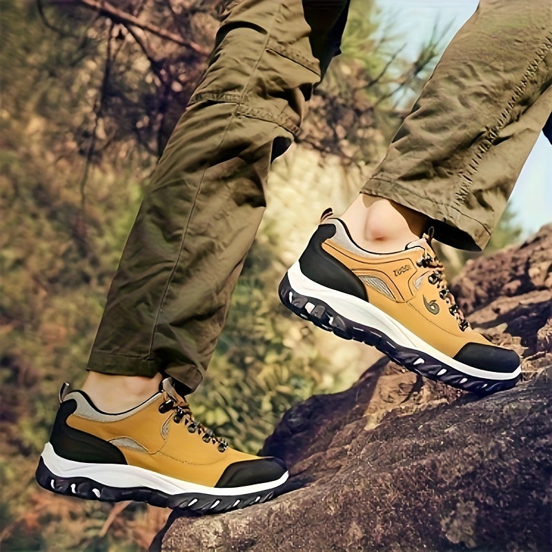 Large men's hiking boots and casual sports shoes with lace closure, solid color, lightweight design, and durable construction for outdoor activities.