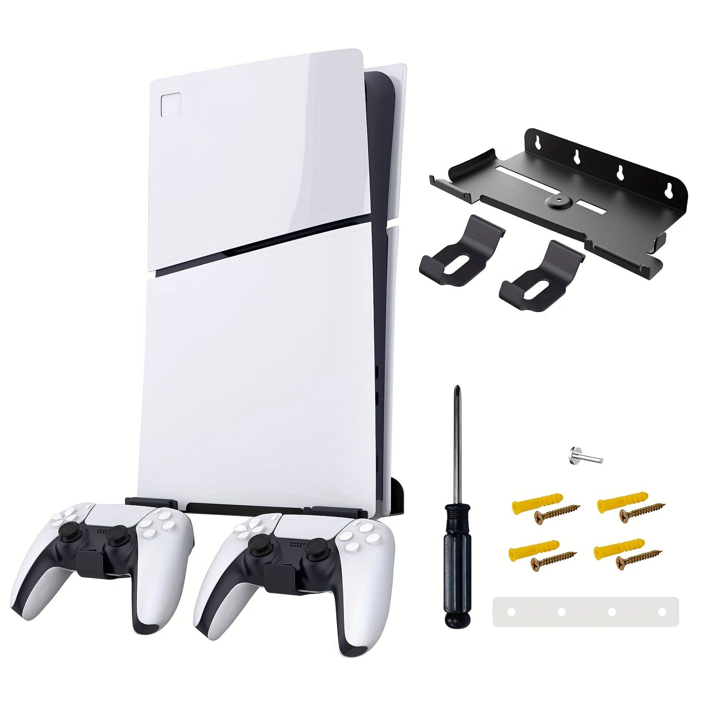 PS5 Slim Wall Mount Holder for Console and Controllers, Steel Vertical Stand with Screw Fixing.