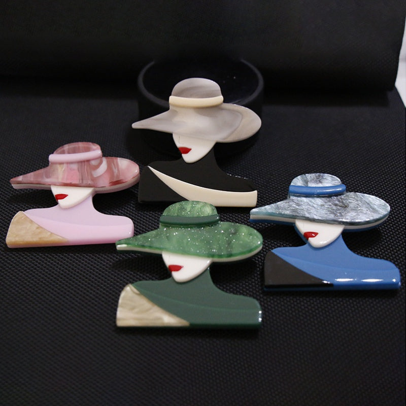 Stylish Acrylic Brooch Pins featuring a Minimalist Female Silhouette and Trendy Hat - Elegant Fashion Accessory for Clothing