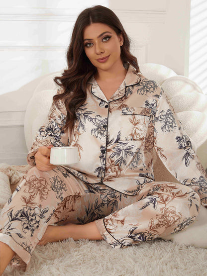 Plus size elegant loungewear set: Floral print long sleeve satin shirt and pants pajamas