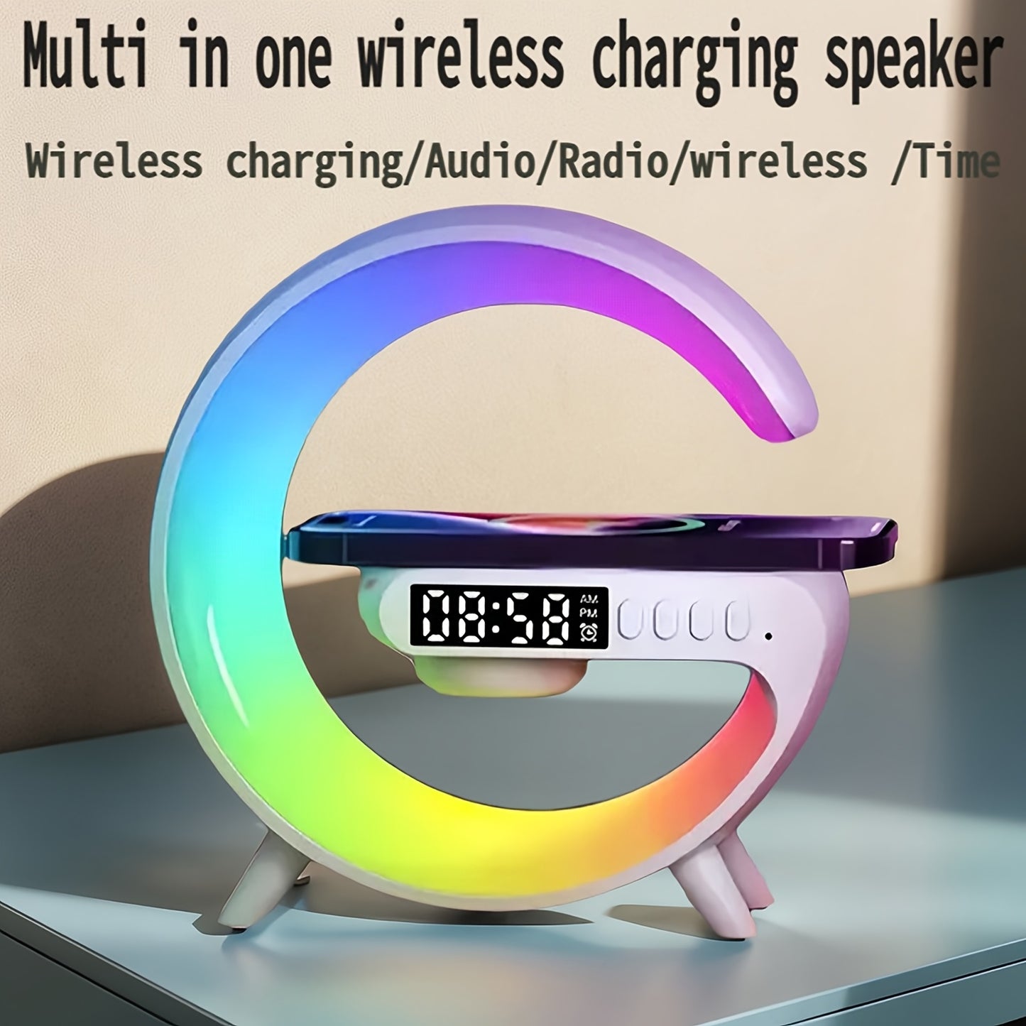 White Noise Smart Alarm Clock with Wireless Charging, Speaker, and Ambient Lamp with USB Port.