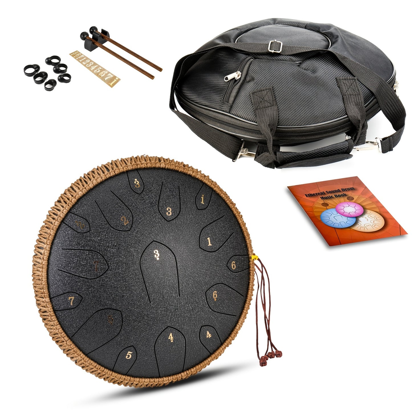 35.56 cm steel tongue drum in D key with mallets, bag, and book for music education and entertainment.