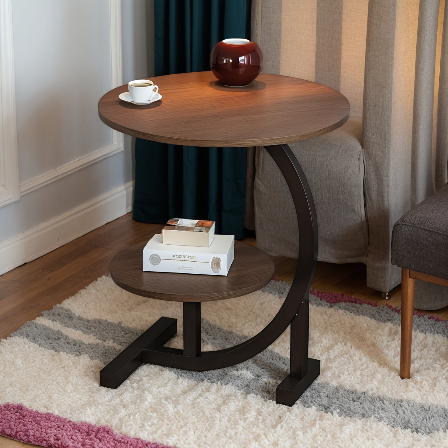 40.13cm chic circular coffee table with waterproof double-layer design, easy assembly, solid wood top, and sturdy metal base for indoor use.