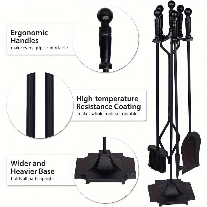 Black Metal Handle Wrought Iron Fireplace Accessories Set with Stand, Large Fire Pit Tongs, Amana Hair 5-Piece Fireplace Tool Set for Garden and Home Outdoor Use