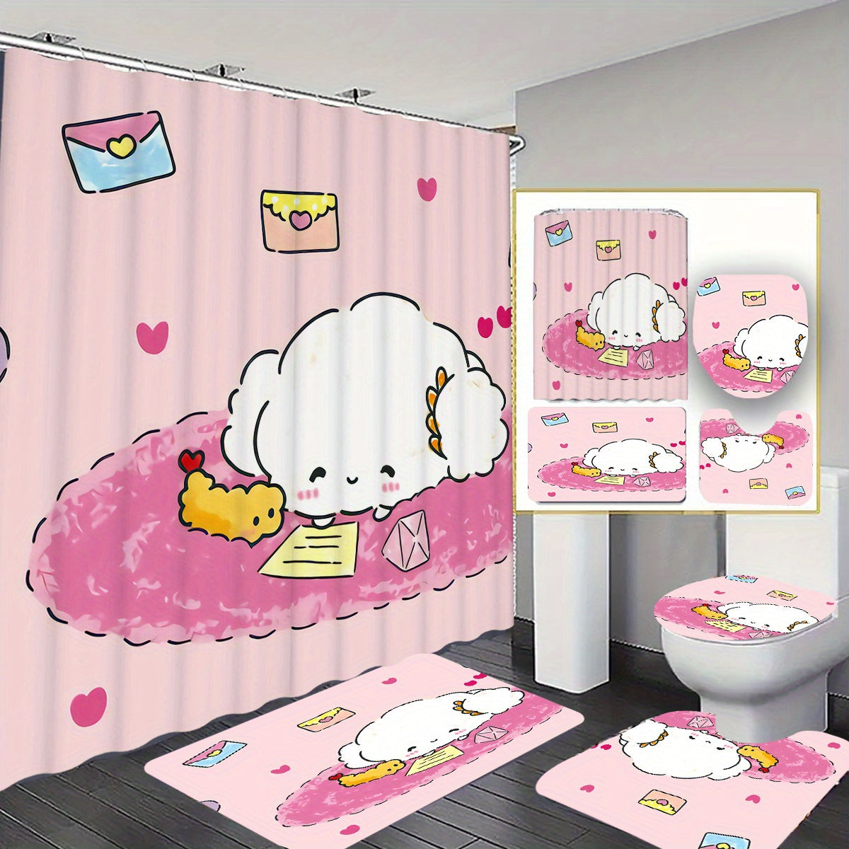 Set of 4 Cartoon Shower Curtains featuring HelloKitty, MyMelody, Kuromi, and Little Twin Stars. Includes Non-slip Carpet, Toilet Seat Cover, and Bath Mat. Perfect for Halloween and Christmas decor. Made from Waterproof Polyester Knitted Fabric. Comes