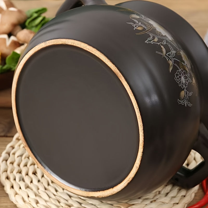 Black ceramic pot with dual handles, holding up to 71oz - suitable for high and low temperatures. Designed for 2-3 people, perfect for home kitchens.