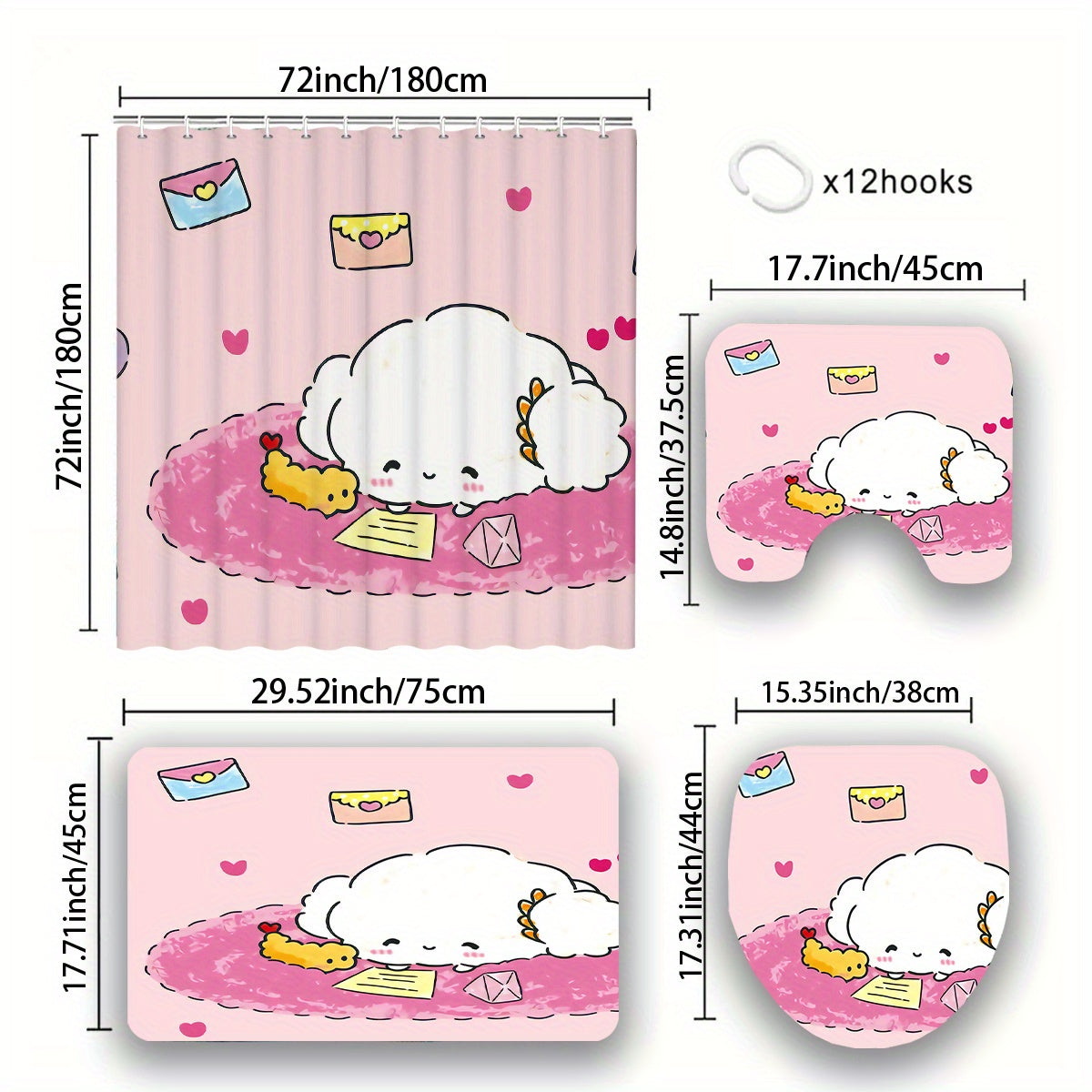 Set of 4 Cartoon Shower Curtains featuring HelloKitty, MyMelody, Kuromi, and Little Twin Stars. Includes Non-slip Carpet, Toilet Seat Cover, and Bath Mat. Perfect for Halloween and Christmas decor. Made from Waterproof Polyester Knitted Fabric. Comes