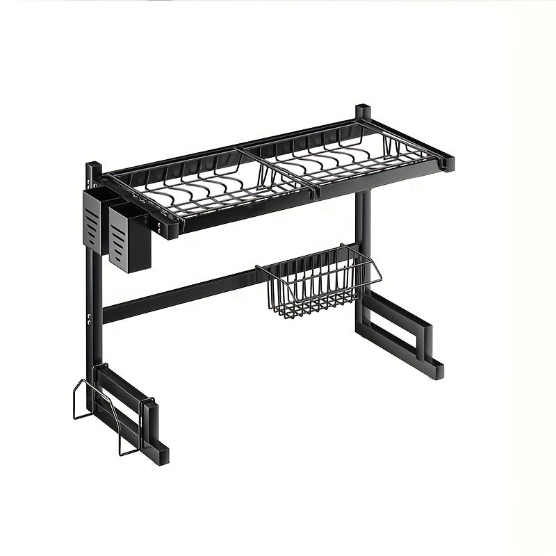 Over Sink Dish Rack made of durable stainless steel, featuring a multi-functional design with built-in utensil holder, drying rack, knife slot, and plate, cup, and cutlery storage capabilities. Ensures no food contact for added cleanliness.