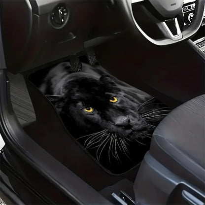 Black Panther car floor mats set of 4, durable non-slip design with front and rear waterproof protection. Stylish all-weather mats made of polyester material, universal fit.