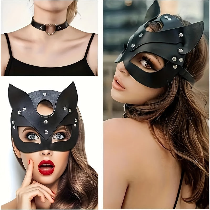 Woman's Faux Leather Cat Mask Costume with Bunny and Fox Animal Half Face Mask for Cosplay, Halloween Party Decoration, and Props