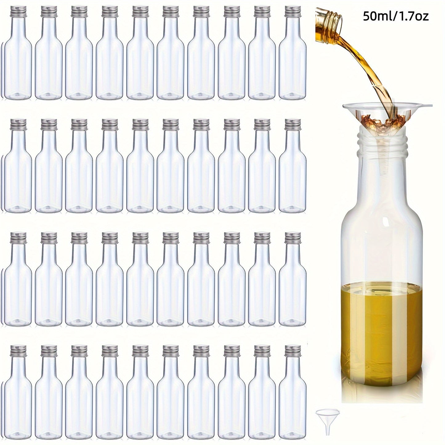 50 reusable plastic mini liquor bottles in 0.85oz and 1.7oz sizes, perfect for weddings and birthdays. Ideal for alcohol, juice, wine, or hot sauce.