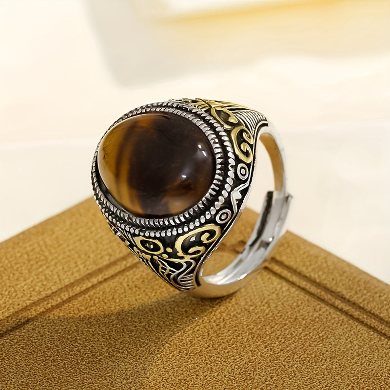 Retro Western Inspired 18K Gold Plated Copper Ring featuring a Beautiful Amber Stone, Open Cuff Design for Men and Women, Perfect for Everyday wear and Travel, Suitable for any Season - Perfect for the Holidays