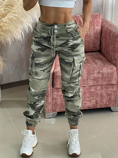 Women's chic camo print joggers - high-waist cargo pants with drawstring, machine washable.