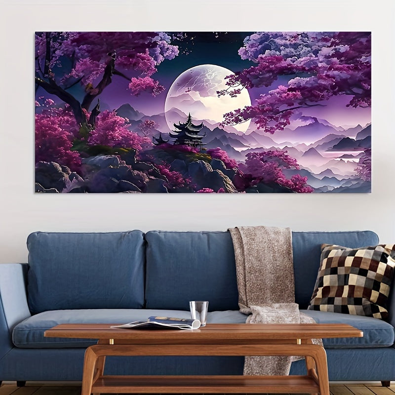 Modern abstract mountain water oil painting with purple background, moon, and tree - art print for living room and home.(Frame not included)