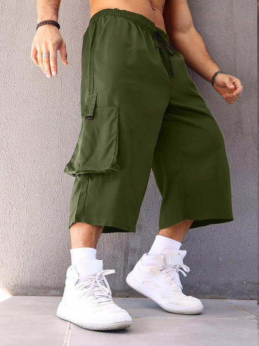 Solid color capri cargo pants for plus size men, perfect for outdoor activities with a casual, loose fit and drawstring waist.