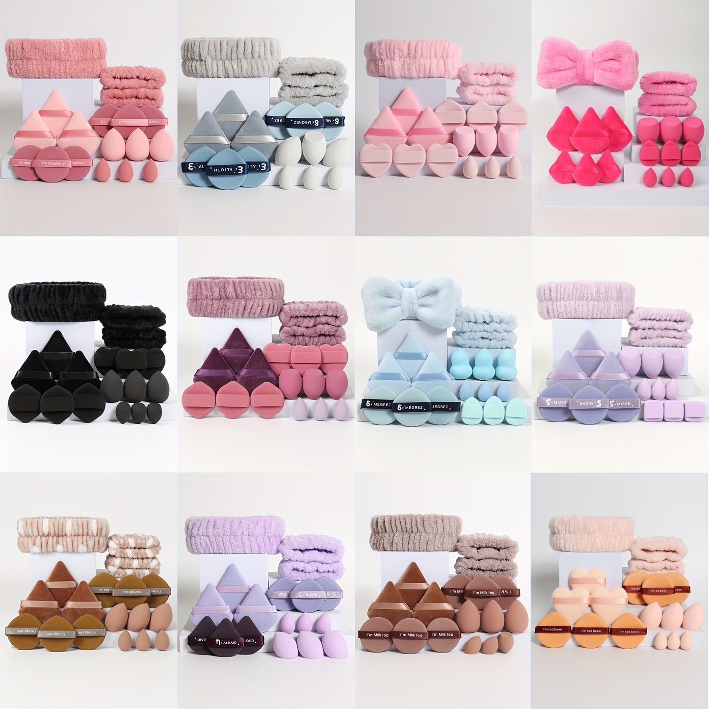 18-piece set including 1 hairband, 2 wristbands, 3 makeup sponges, 3 mini makeup sponges, 3 loose powder puffs, and 6 air cushion puffs. Features foundation mixing sponge for flawless