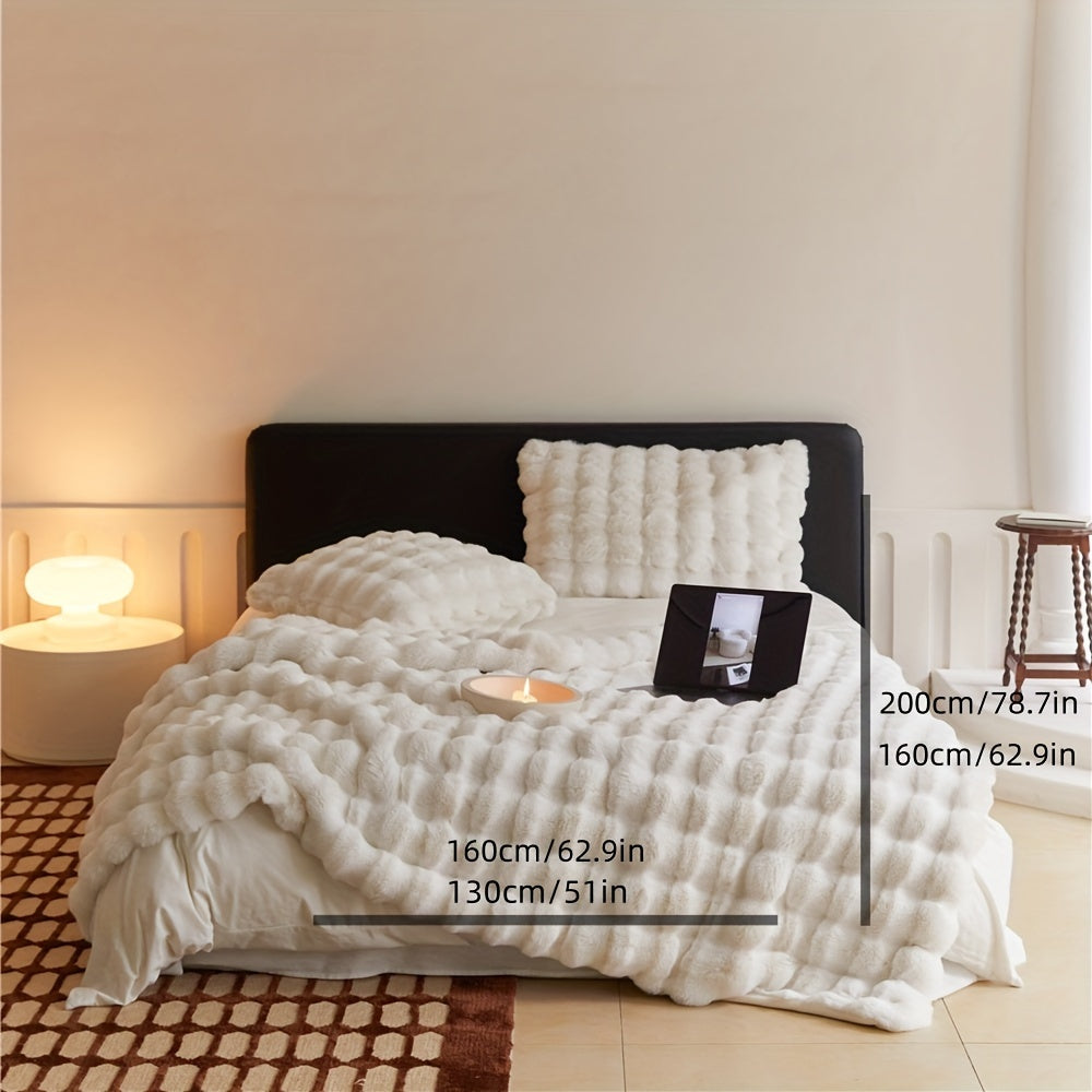 Soft and Cozy Plush Throw Blanket - Luxuriously Thick and Reversible Bubble Fleece Ideal for Travel, Sofa, Bed, and Home Decor - Easy Care, All-Season Comfort in White - Machine Washable.