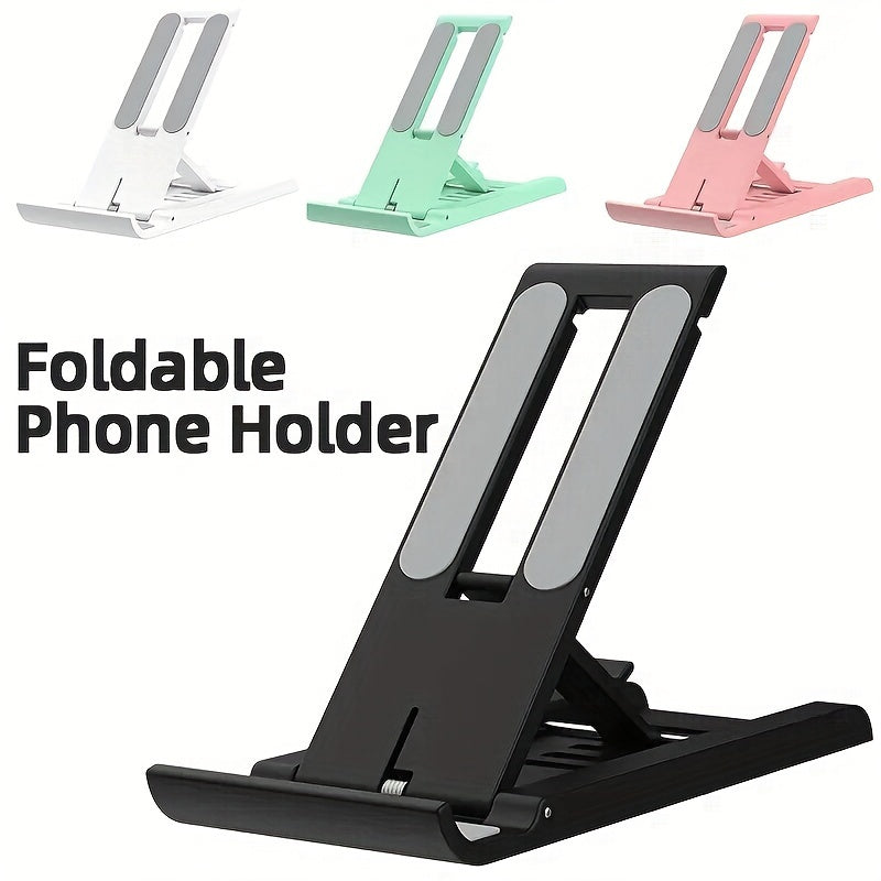 Adjustable foldable phone stand made of multi-functional ABS material, suitable for bedside table or tabletop use with smartphones, tablets, and live streaming support. Not waterproof.