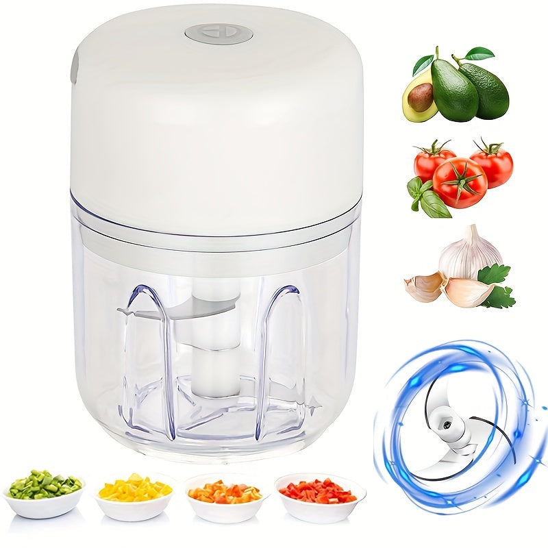 Portable mini food processor with stainless steel blades, USB rechargeable, 1200RPM speed, speed control, easy to clean, 250ML capacity, lithium battery.