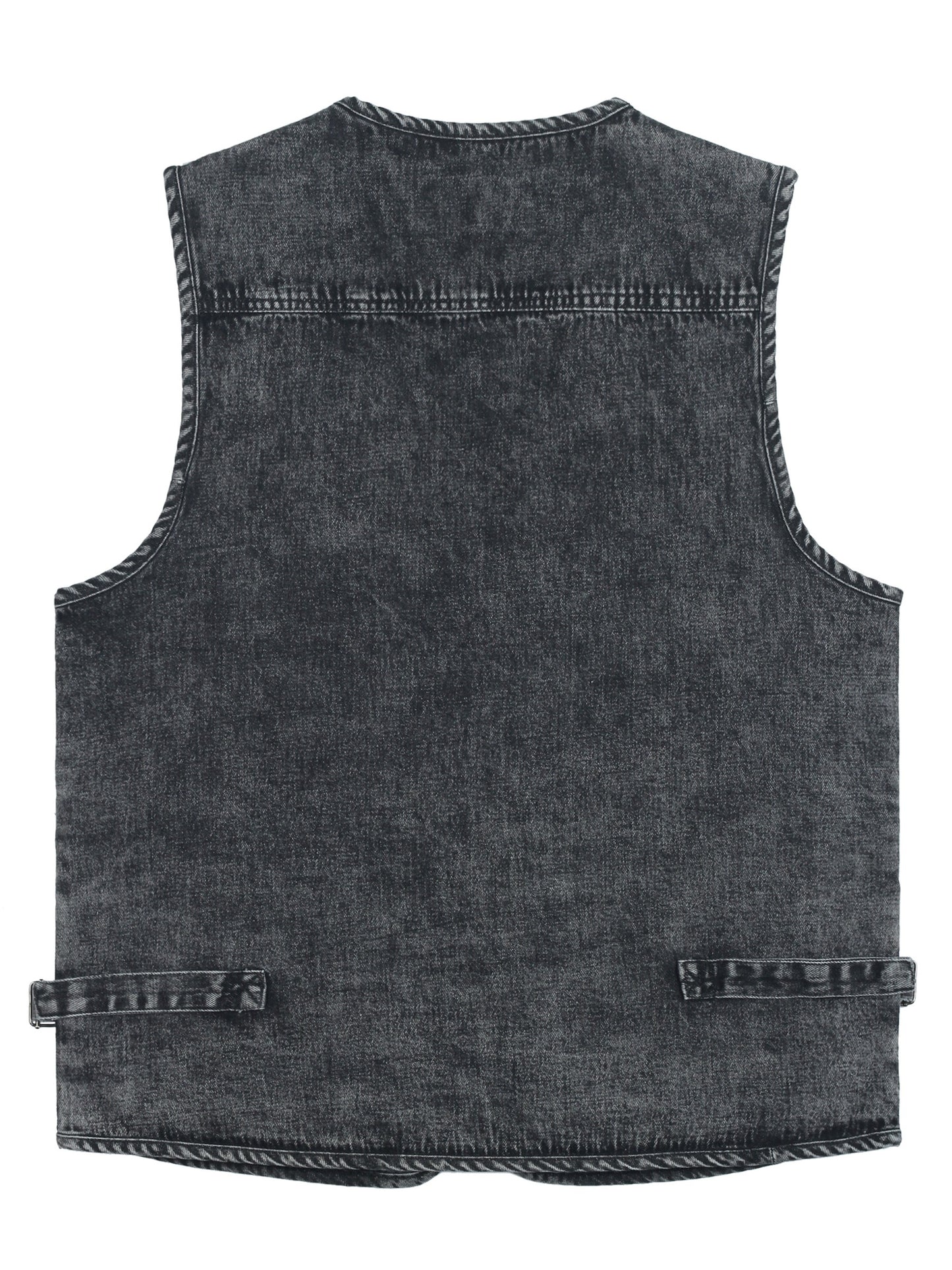 LUSI MADAM Men's Denim Black Zip-Up Vest - V-Neck with Multi Pockets, 100% Cotton, Perfect for Spring/Summer Outdoor Activities.