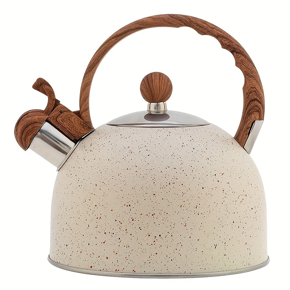 2.5L Stainless Steel Whistling Tea Kettle with Stone Finish and Wood Handle - Fast Boil, Great for Tea, Coffee, Milk