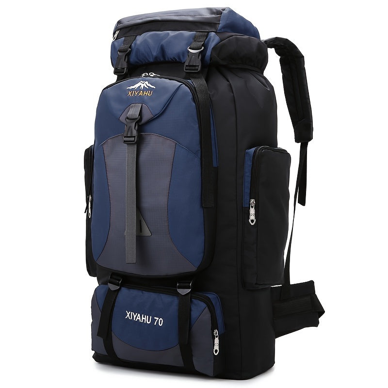 Durable nylon travel backpack for camping and hiking purposes.