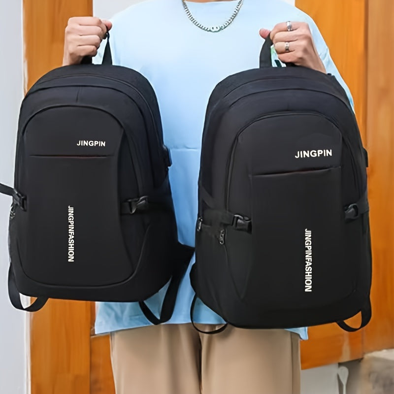 Single JINGPIN casual nylon backpack for men in black, with tassel detail, adjustable straps, and polyester lining. Ideal for daily commute or travel.