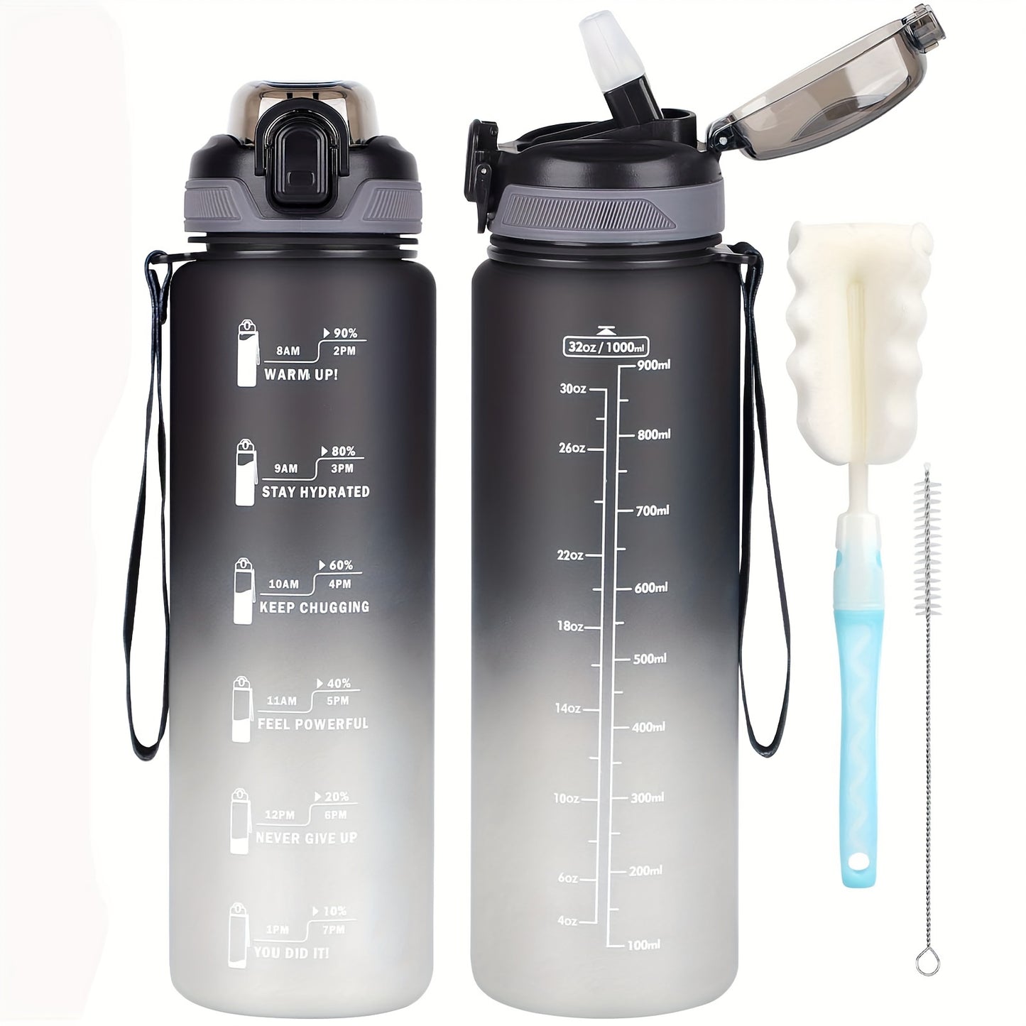 Durable 1L sports water bottle with straw, BPA-free, time marker for various activities.