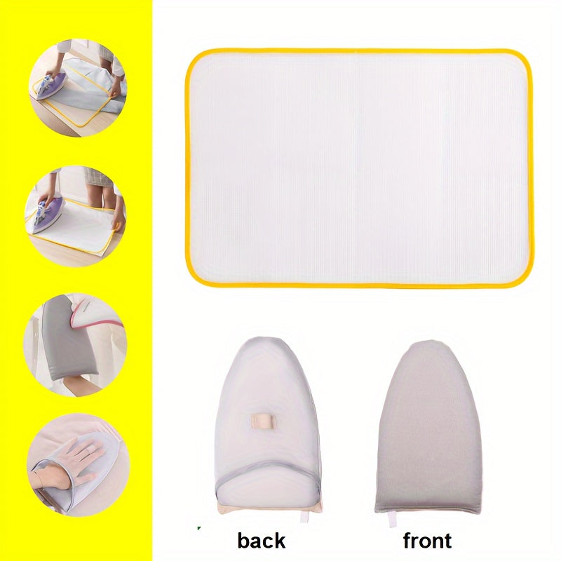 Set includes a heat-resistant ironing pad, handheld ironing board, and home ironing gloves. Perfect for protecting clothes without needing power. Adds a touch of home and kitchen decor.