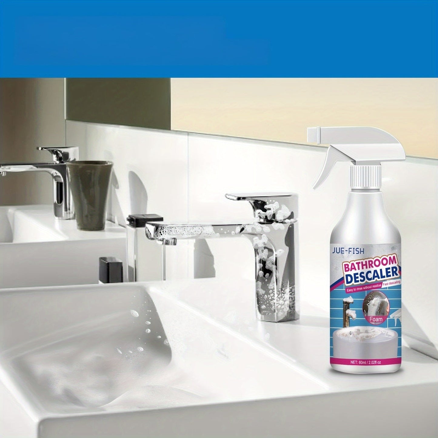 Keep your bathroom sparkling clean with JUE-FISH Foam Bathroom Descaler Spray! This special formula features Citral Ingredient for a residue-free finish on metal surfaces. Say goodbye to soap scum and grime on shower glass, stainless steel sinks, and