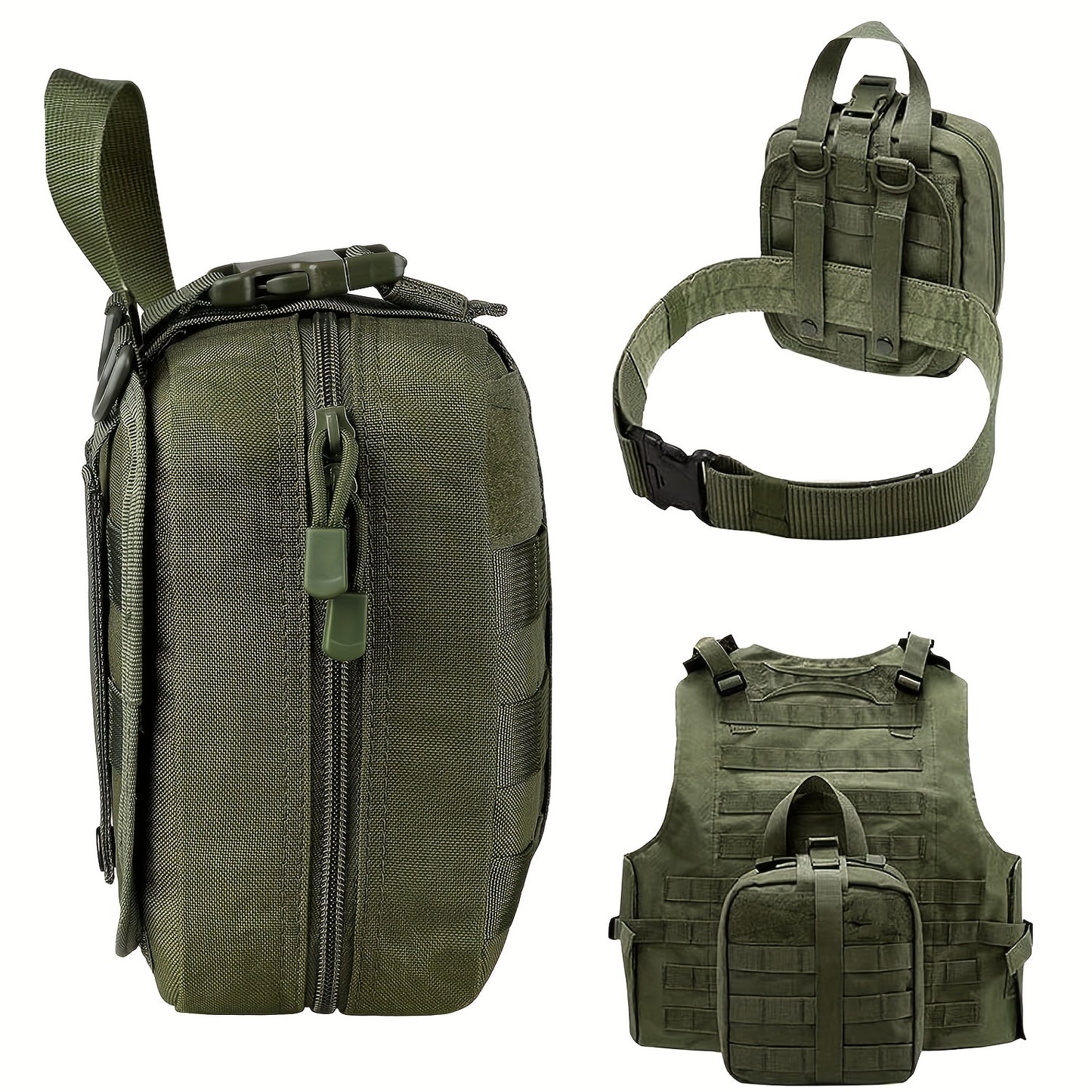 Rugged tactical first aid kit with quick release EMT pouch and MOLLE system in durable nylon bag for outdoor survival, green.