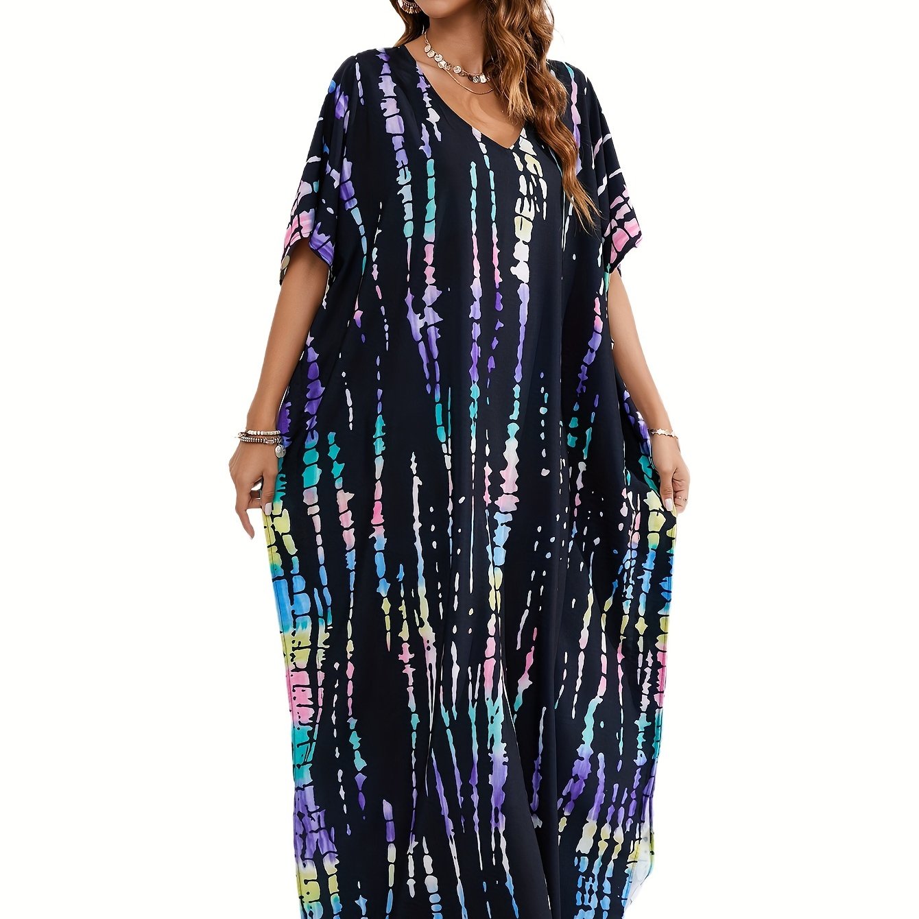 Plus Size Boho Cover Up with Tie Dye Stripes and Batwing Sleeves