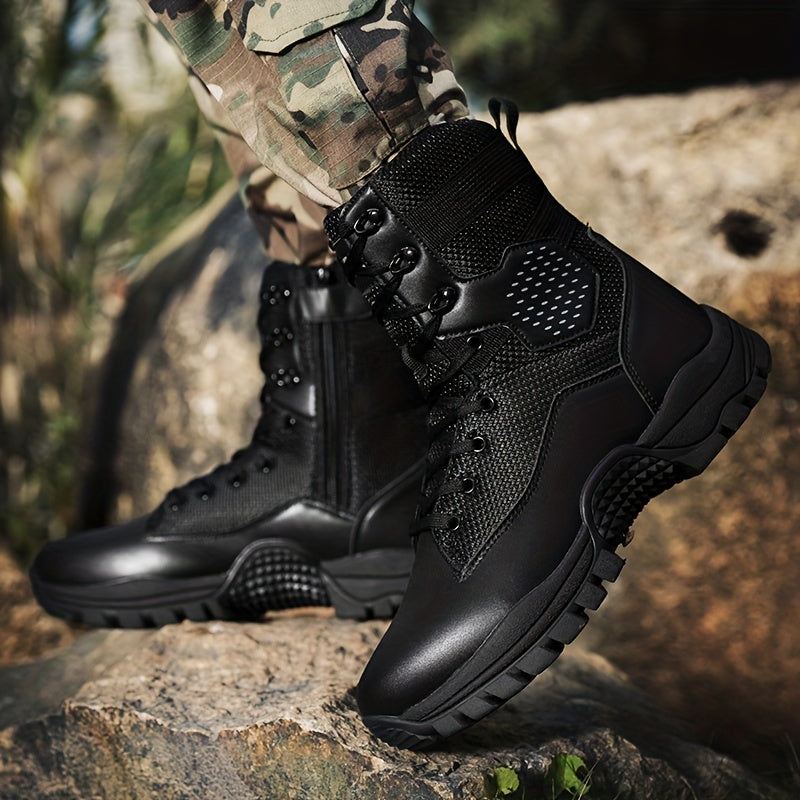 High top tactical work boots with side zipper, non-slip and durable for outdoor hiking activities.