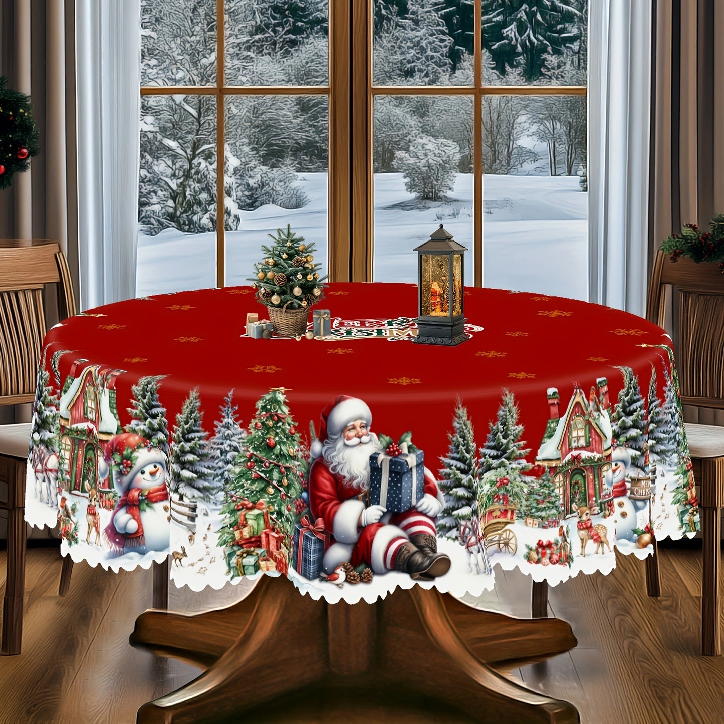 Get into the holiday spirit with our Christmas and New Year tablecloth featuring Santa Claus, Snowman, and Christmas Tree patterns. Made of durable polyester with edge embossed craft, available in 4 sizes for both round and rectangular tables. Perfect