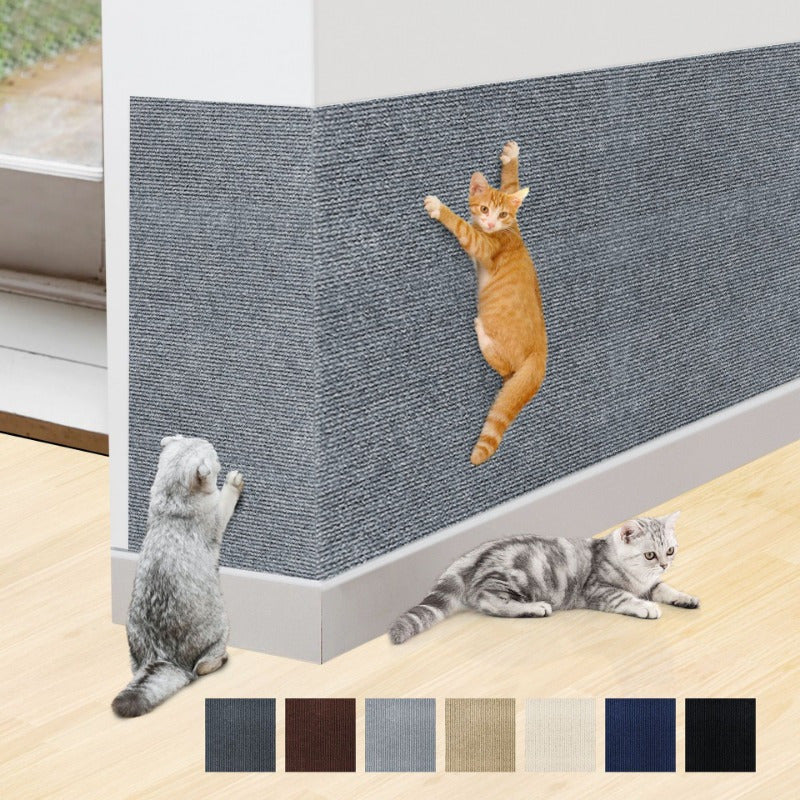 Wall-mounted cat scratching mat made of durable, fluff-free polyester with self-adhesive backing, cut-to-fit for all breeds.