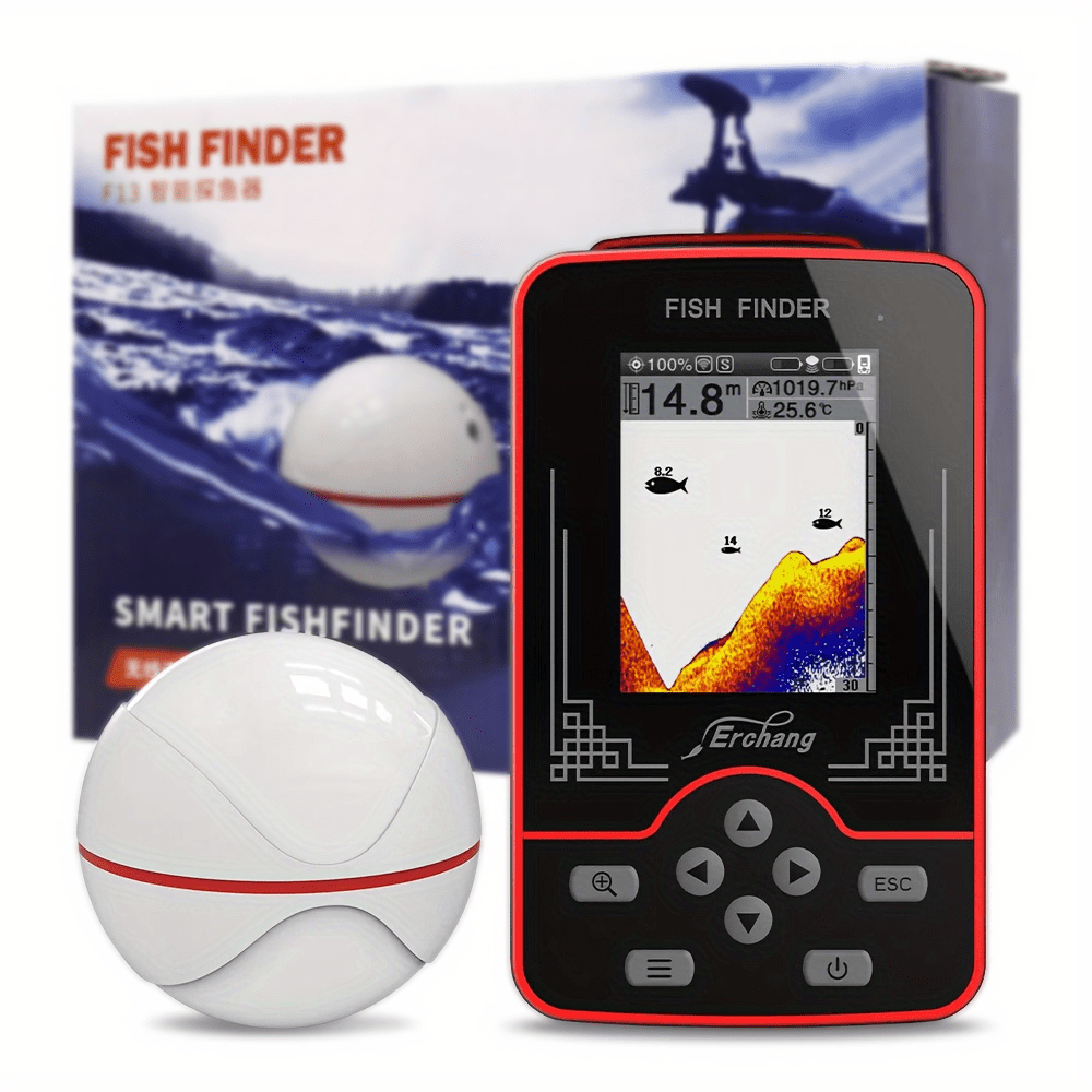 Erchang F13 Wireless Fish Finder Sonar with 60.96m range, rechargeable battery, LCD display, portable for various fishing environments in white and red design. Features fish location