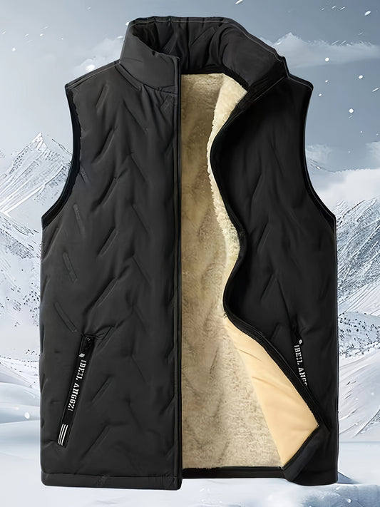 Men's geometric-patterned polyester vest with stand collar and zipper closure - perfect for fall/winter weekends.