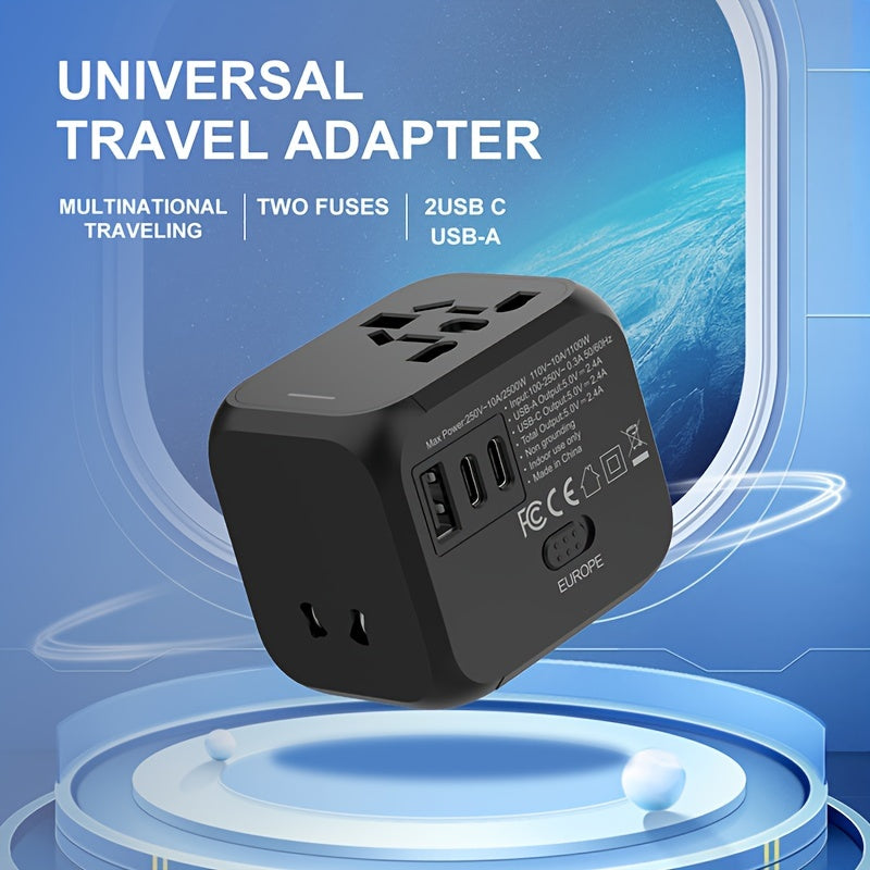 A 2500W Global Travel Charger with International Conversion Plug, perfect for business trips. Available in blue, orange, black, and white. Compatible with US, Australia, UK, and EU outlets.