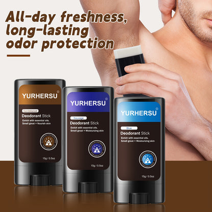 YURHERSU Men's 48-Hour Odor Gentle Sticks in Orange, Mint, and Green Tea scents for long-lasting freshness on-the-go.