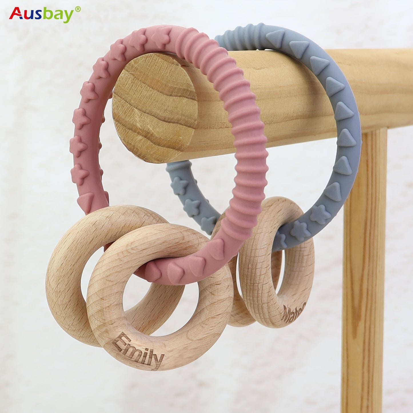 Customizable Silicone Wooden Rattle Ring, Personalized Keepsake With Cute Wood Rings