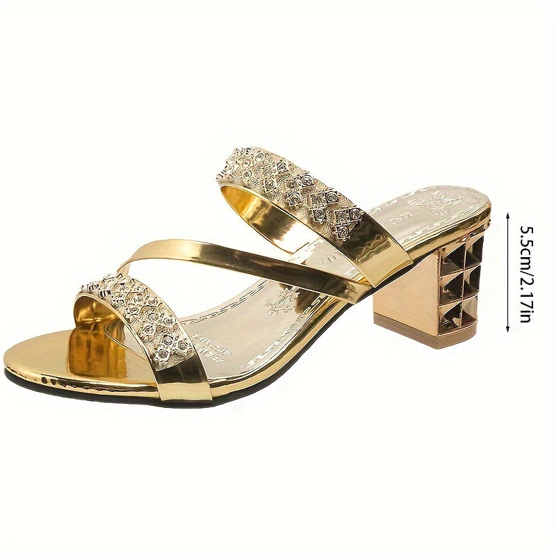 Women's rhinestone sandals with block heel and glitter slides