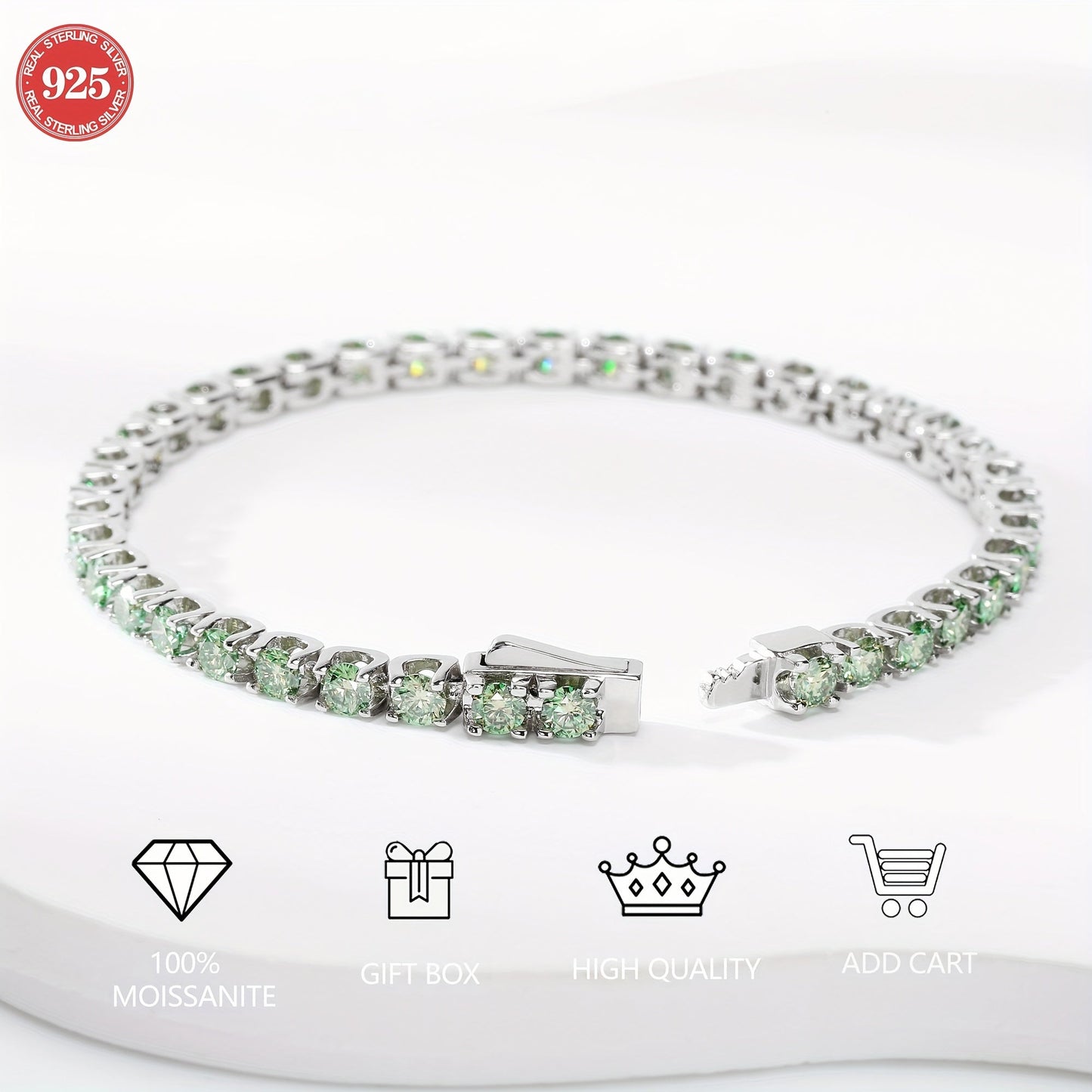 Vintage style 925 sterling silver tennis bracelet with green round Moissanite stones, white golden plated. November birthstone. Perfect for daily wear, vacation, Halloween, and special occasions. Gift box included.