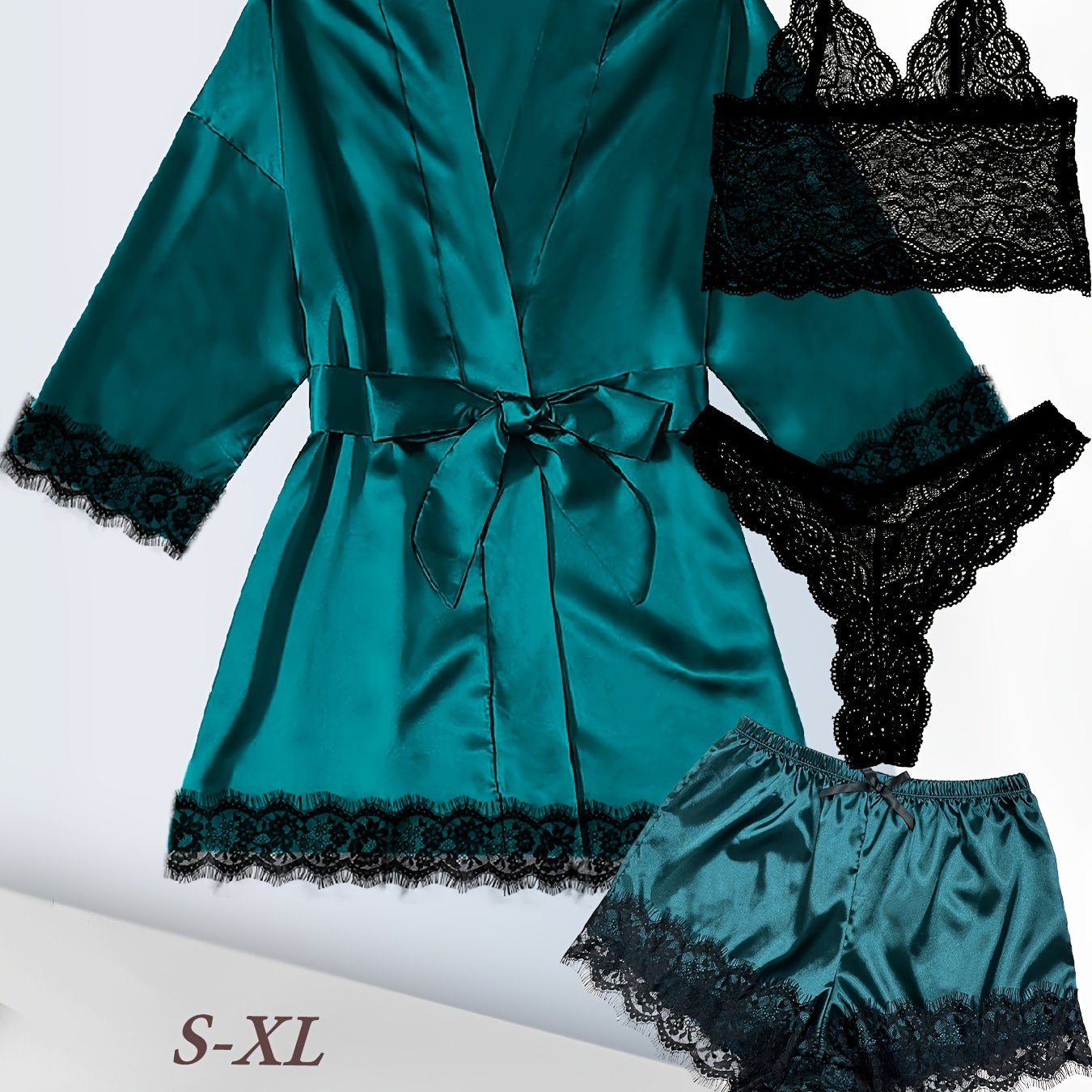 Satin lounge set with lace, robe, cami bra, thongs, and shorts for women.