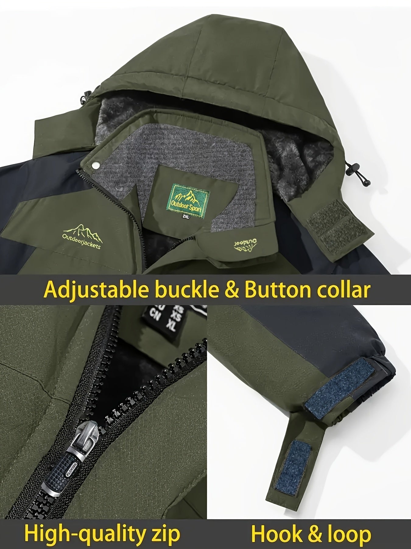 Men's winter jacket with detachable hood, multiple pockets, breathable, suitable for various outdoor activities in cold areas.