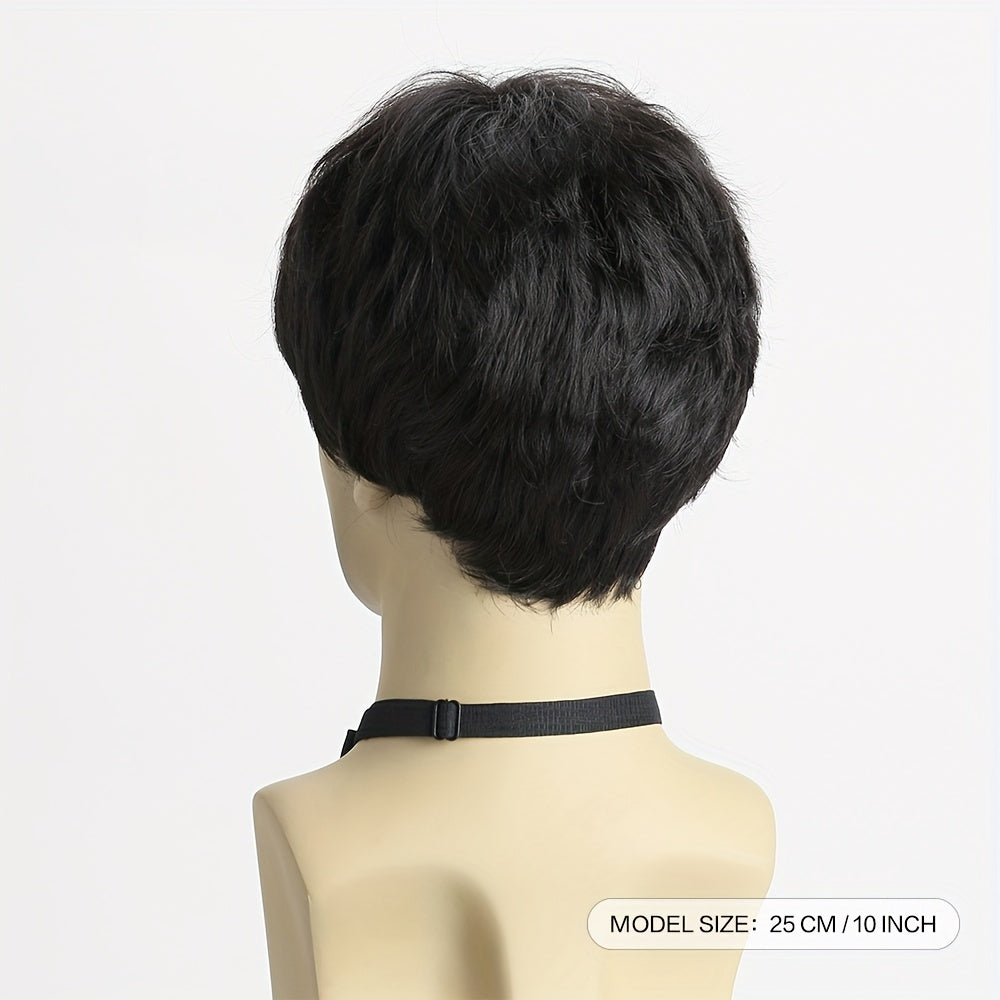 This stylish men's short curly wig features side bangs and is made of 10-inch synthetic fiber that is heat resistant and non-textile material. The black color and funky style make it perfect for everyday wear, parties, Halloween, and role-playing.