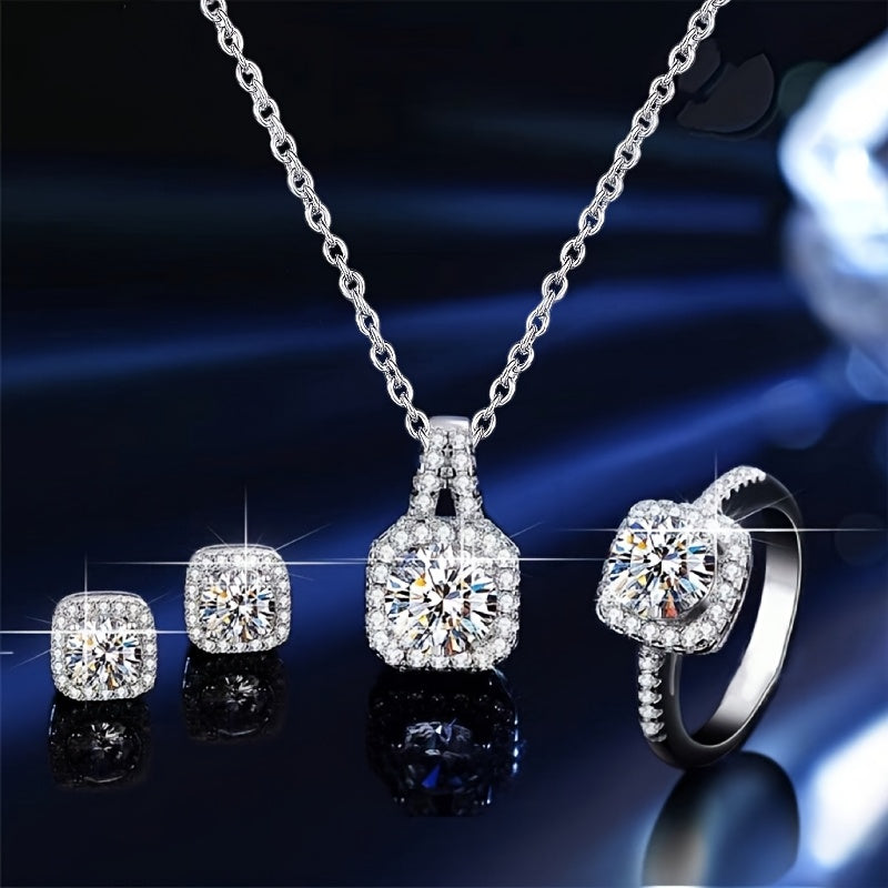 Set includes earrings, ring, and necklace with square synthetic Zirconia design, perfect for special occasions and gift giving.