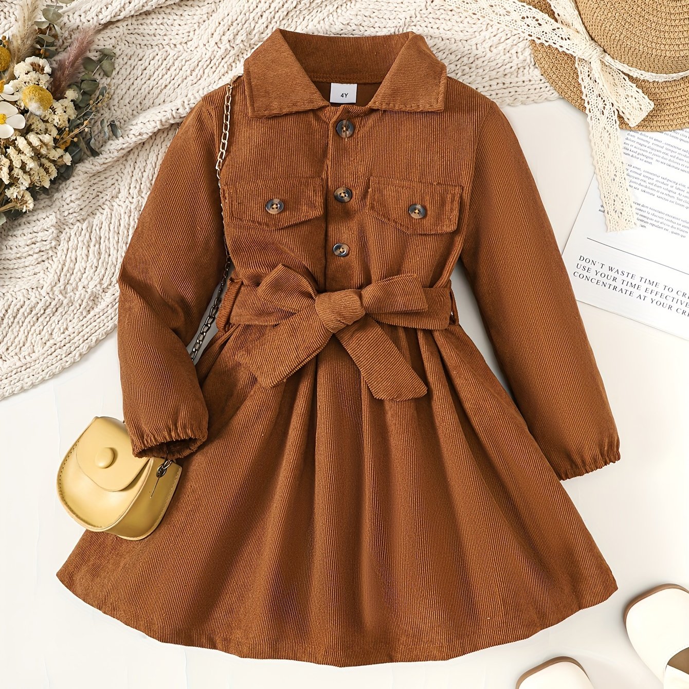 Toddler Girls' Solid Half Button Lapel Dress With Bow Belt for Parties and Winter Events