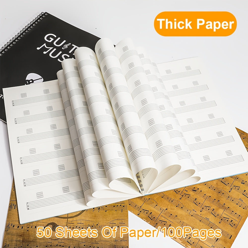 50-sheet guitar music creation and practice staff notebook with blank chord diagrams and 56 commonly used guitar chord diagrams on inside cover.