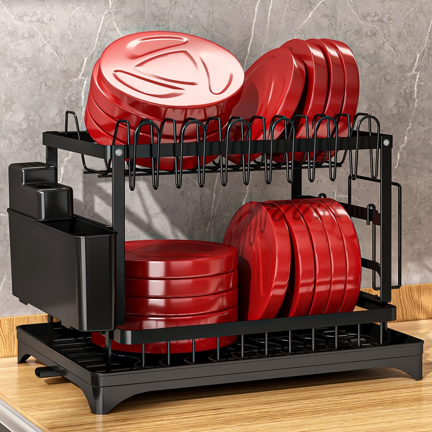 Rustproof Two-Tier Kitchen Rack with Drainboard, Utensil Holder, and Dish Drying Function for Countertop Use