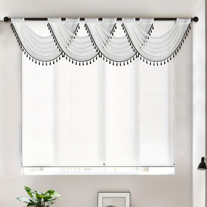 Fashionable Sheer Wave Curtain Valance with Tassels Edge - Light-Transmitting, Rod Pocket Design - Ideal for Living Room, Bedroom, or Kitchen Decor - Measures 30x24 Inches